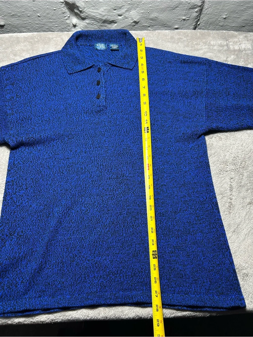 Vintage Susan Ess Knit Polo Sweater Mens Large Blue Black Marled Long Sleeve